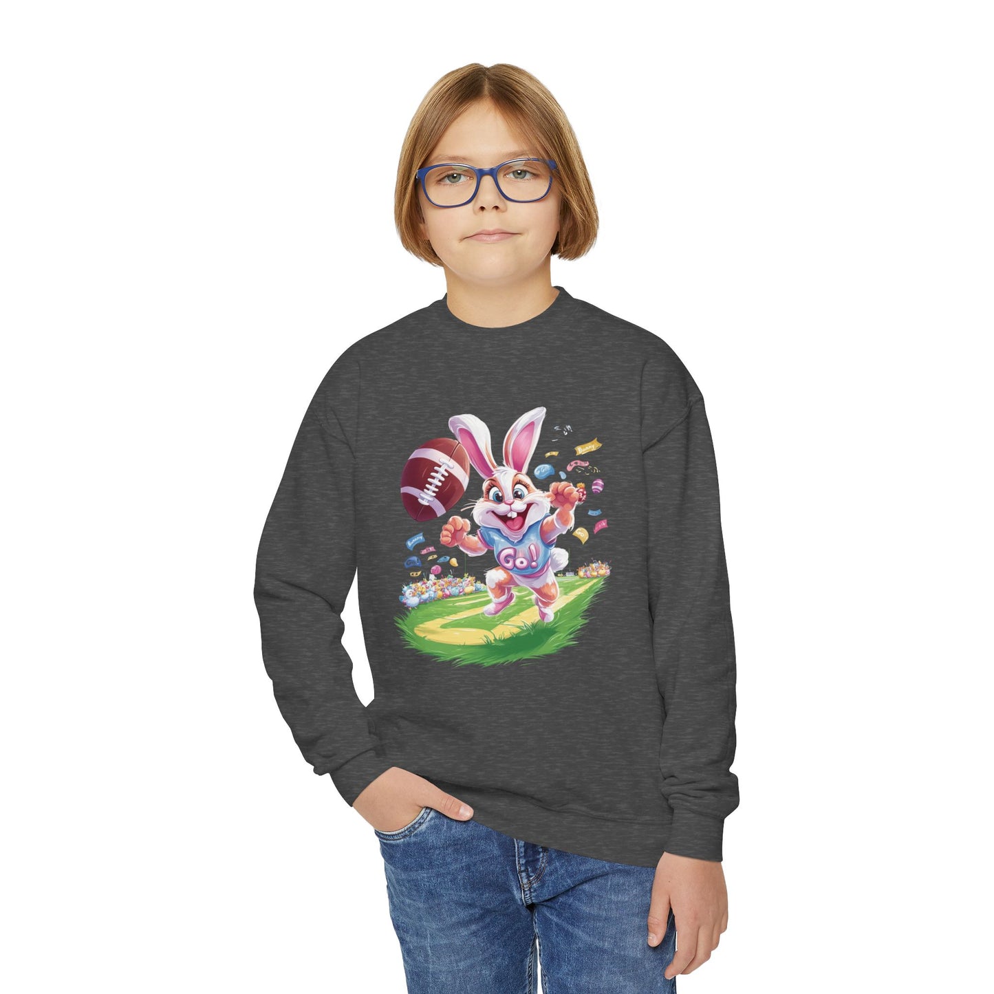 Touchdown Bunny Youth Sweatshirt - Fun Easter Football Bunny Design, Kids Spring Outfit, Game Day Gift, Playful Bunny Sports Shirt