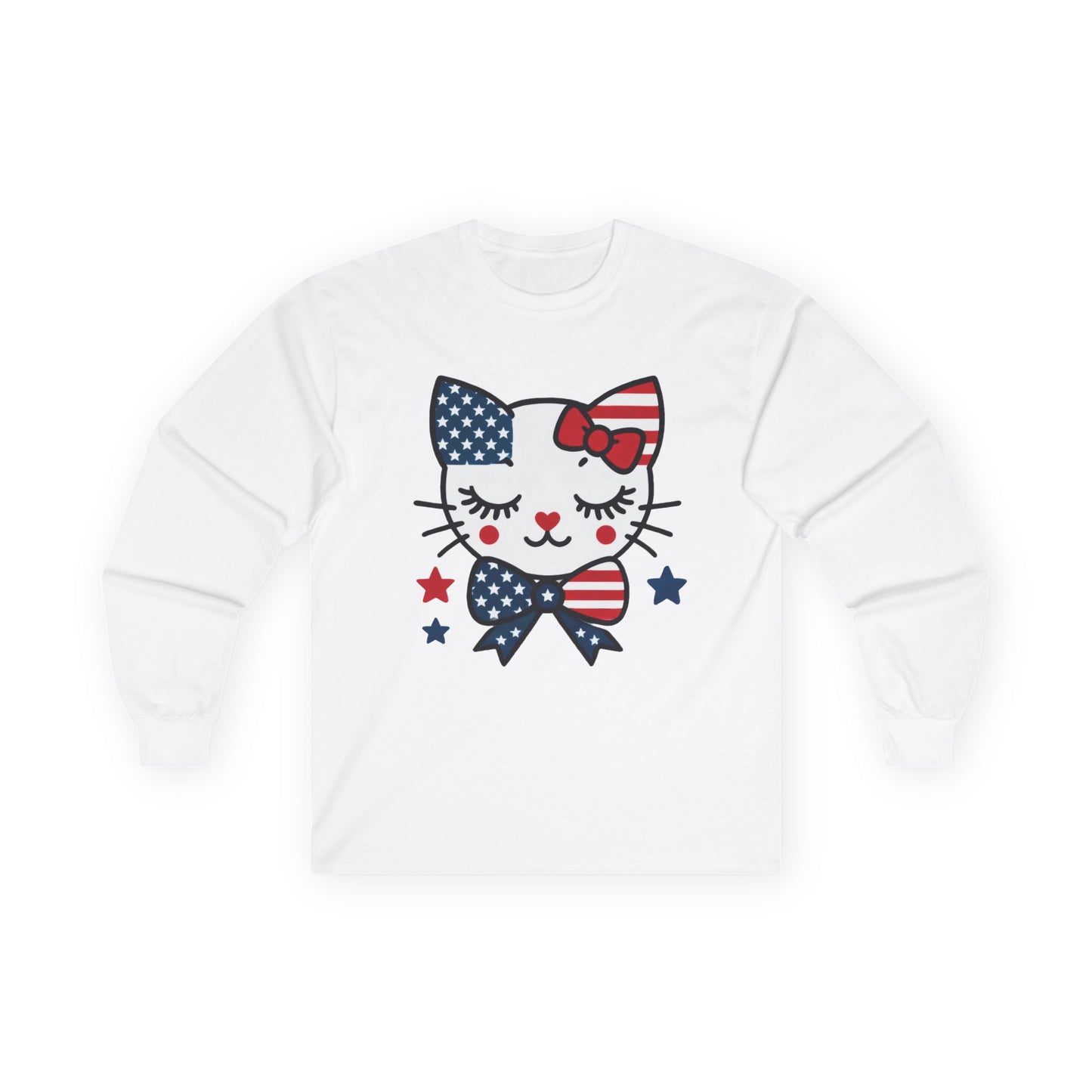 Cute Patriotic Cat Long Sleeve Tee, Women's T-Shirt for Independence Day, 4th of July Celebration, Animal Lover Gift, USA Flag Design