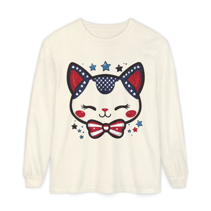 Cute Patriotic Cat Long Sleeve Women's T-Shirt, Fourth of July, Cat Lovers Gift, Casual Wear, Perfect for Holidays and Celebrations