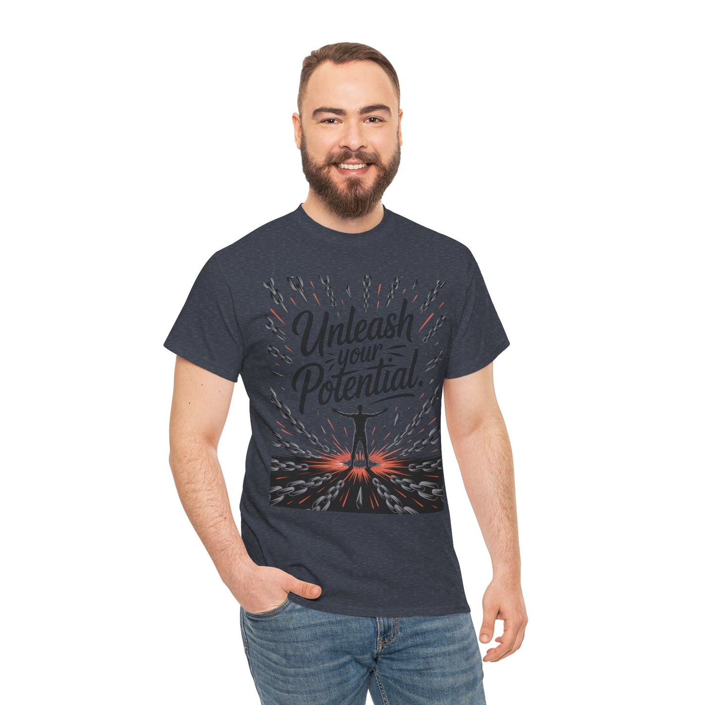 Inspiring Men's Heavy Cotton Tee, "Unleash Your Potential" Motivation Shirt, Gift for Graduates, Personal Growth Apparel, Casual Wear