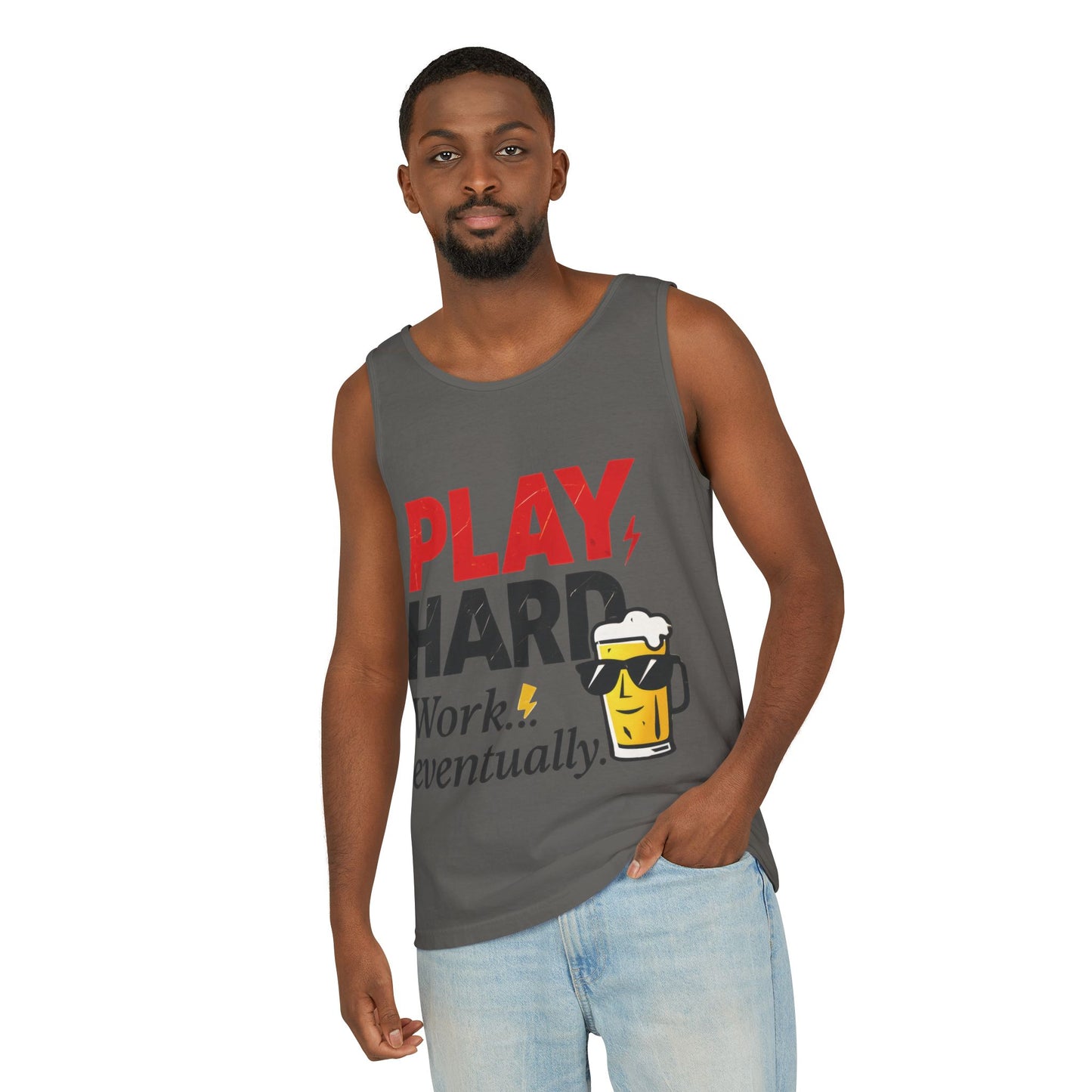 Casual Tank Top with Play Hard Print, Fun Summer Apparel, Gift for Dad or Friends, Beach Wear, Workout Top, Party Attire