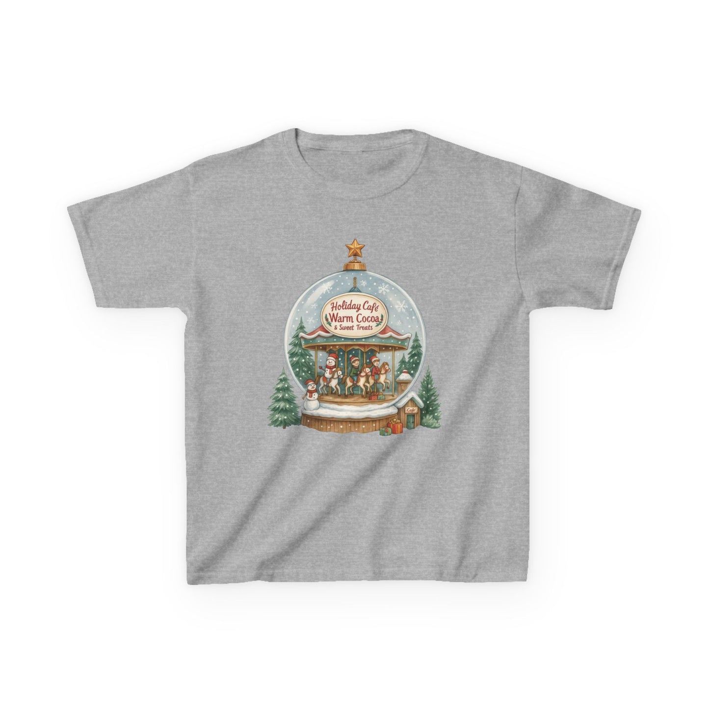 Youth Holiday Café Christmas T-Shirt, Warm Cocoa Carousel Kids Tee