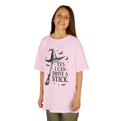 Yes I Can Drive a Stick Girls Witch T-Shirt, Cute Halloween Shirt for Kids, Girls Halloween Tee
