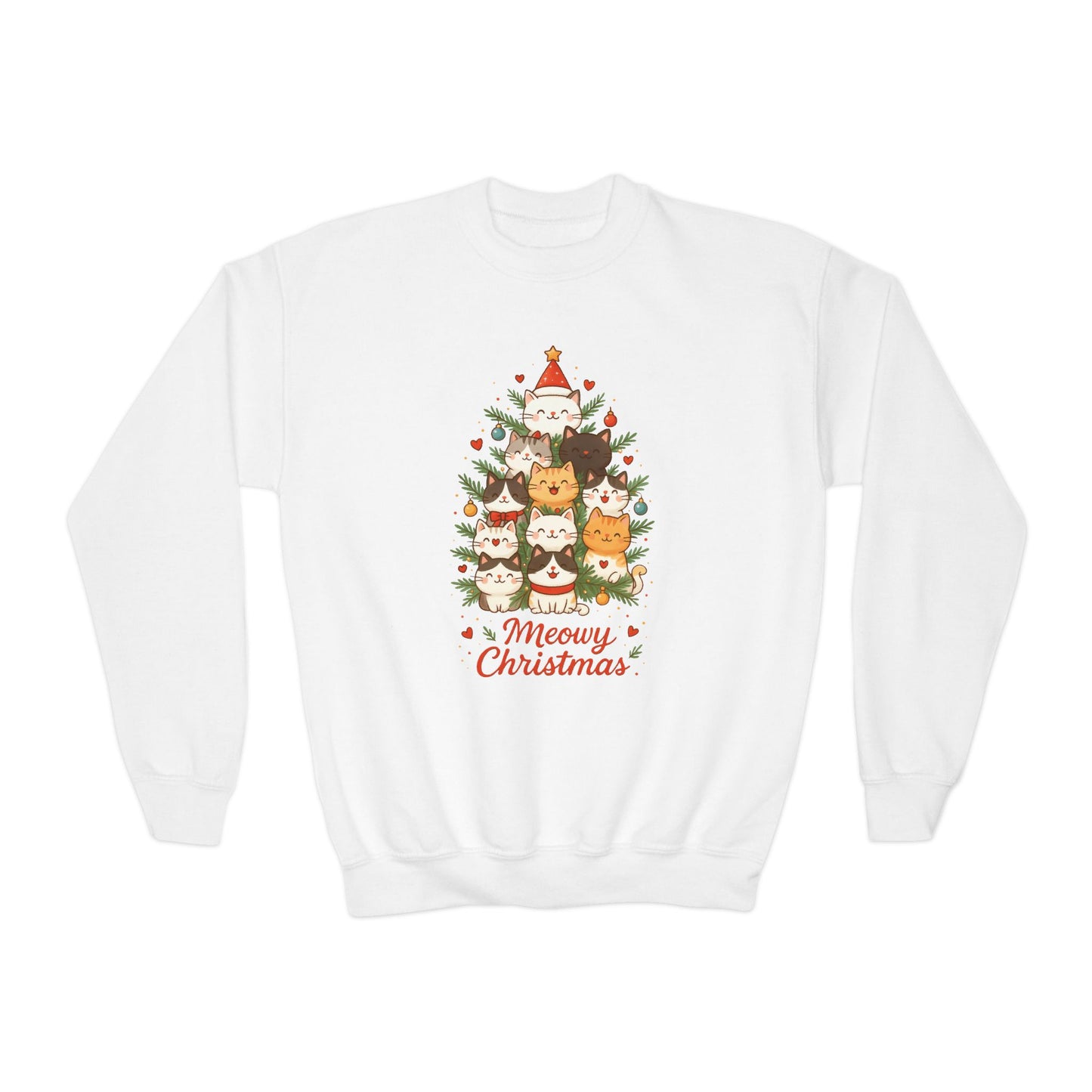 Youth Meowy Christmas Cat Sweatshirt, Cute Holiday Kitty Jumper