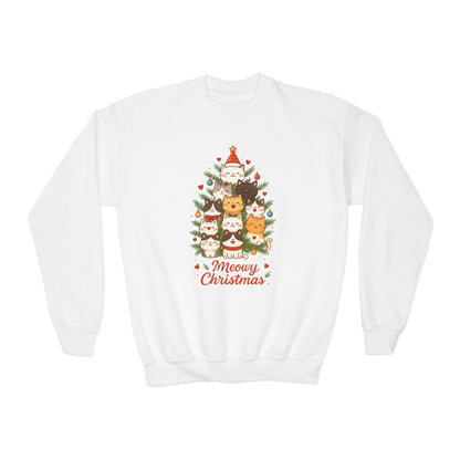 Youth Meowy Christmas Cat Sweatshirt, Cute Holiday Kitty Jumper