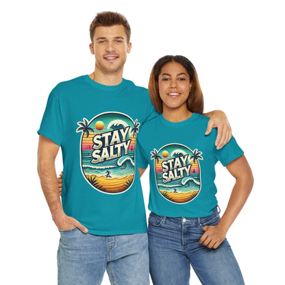 Stay Salty Retro Surf Unisex Heavy Cotton Tee, Vintage Beach Sunset Graphic T-Shirt, Summer Ocean Wave Surfer Shirt, Ocean Lover Gift