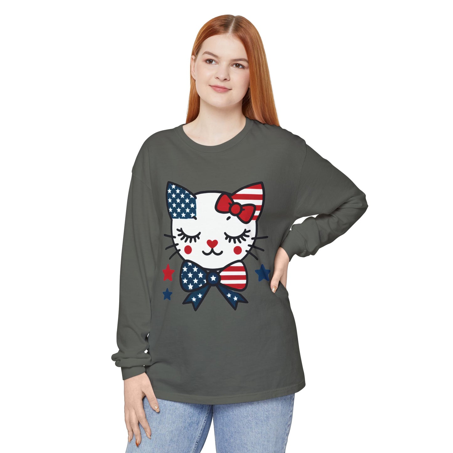 Patriotic Cat Long Sleeve T-Shirt, Women's Tee, Perfect for Fourth of July, Animal Lover Gift, Cozy Casual Wear, Holiday Apparel