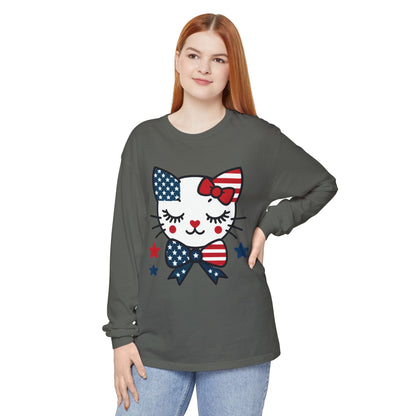 Patriotic Cat Long Sleeve T-Shirt, Women's Tee, Perfect for Fourth of July, Animal Lover Gift, Cozy Casual Wear, Holiday Apparel