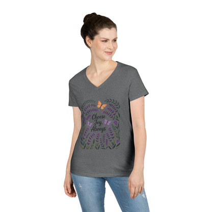 Ladies' V-Neck T-Shirt, Choose Joy Always, Positive Affirmation Tee, Floral Graphic Shirt, Inspirational V-Neck, Lavender Printed Tee
