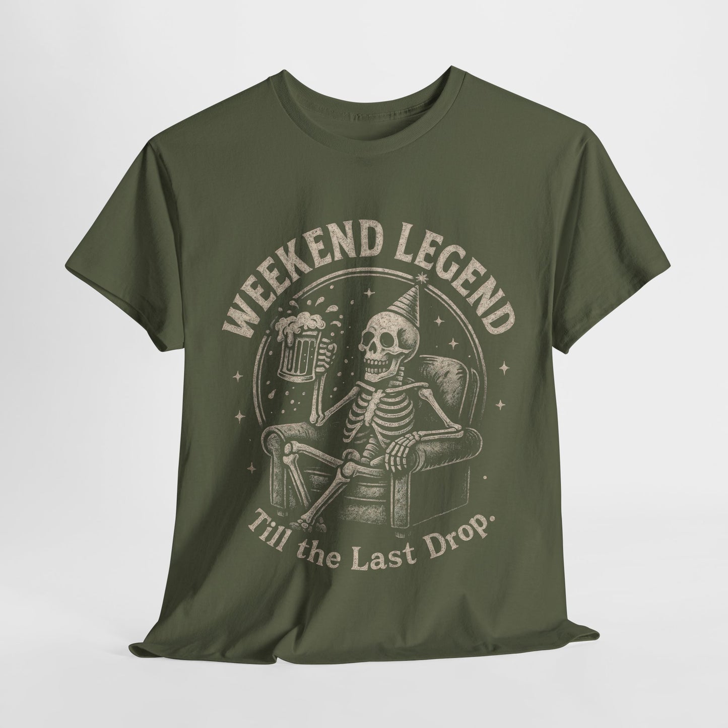 Weekend Legend Mens T-Shirt, Funny Skeleton Beer Tee, Till the Last Drop Party Shirt, Vintage Style Graphic Tee for Him, Halloween Apparel