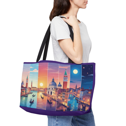Venice from Dawn to Dusk Weekender Tote Bag, Cityscape Travel Bag with Gondolas, Sunset & Moonlight Art Print, Beach Bag, Travelers Bag