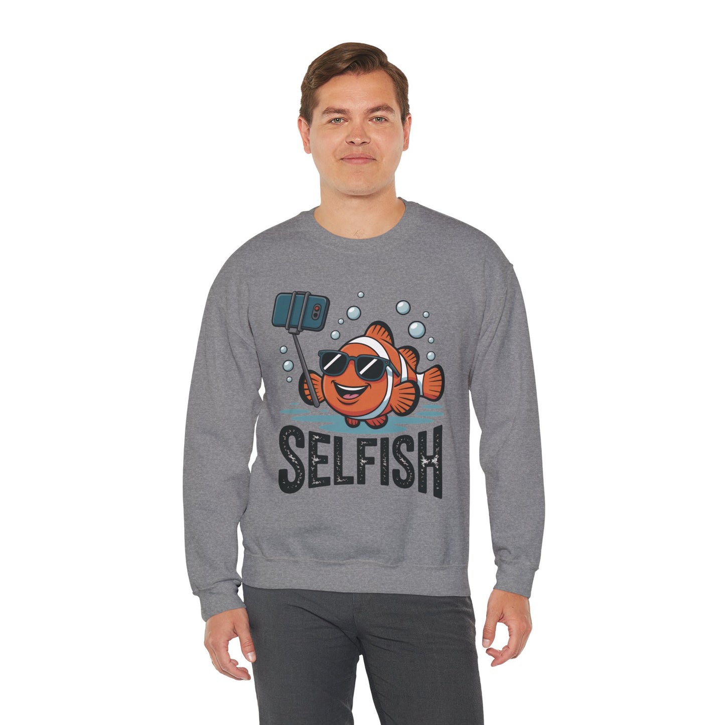 Unisex Heavy Blend™ Crewneck Sweatshirt, Mens Selfish Funny Fish Sweatshirt, Cute Selfie Pullover, Ocean Humor Top
