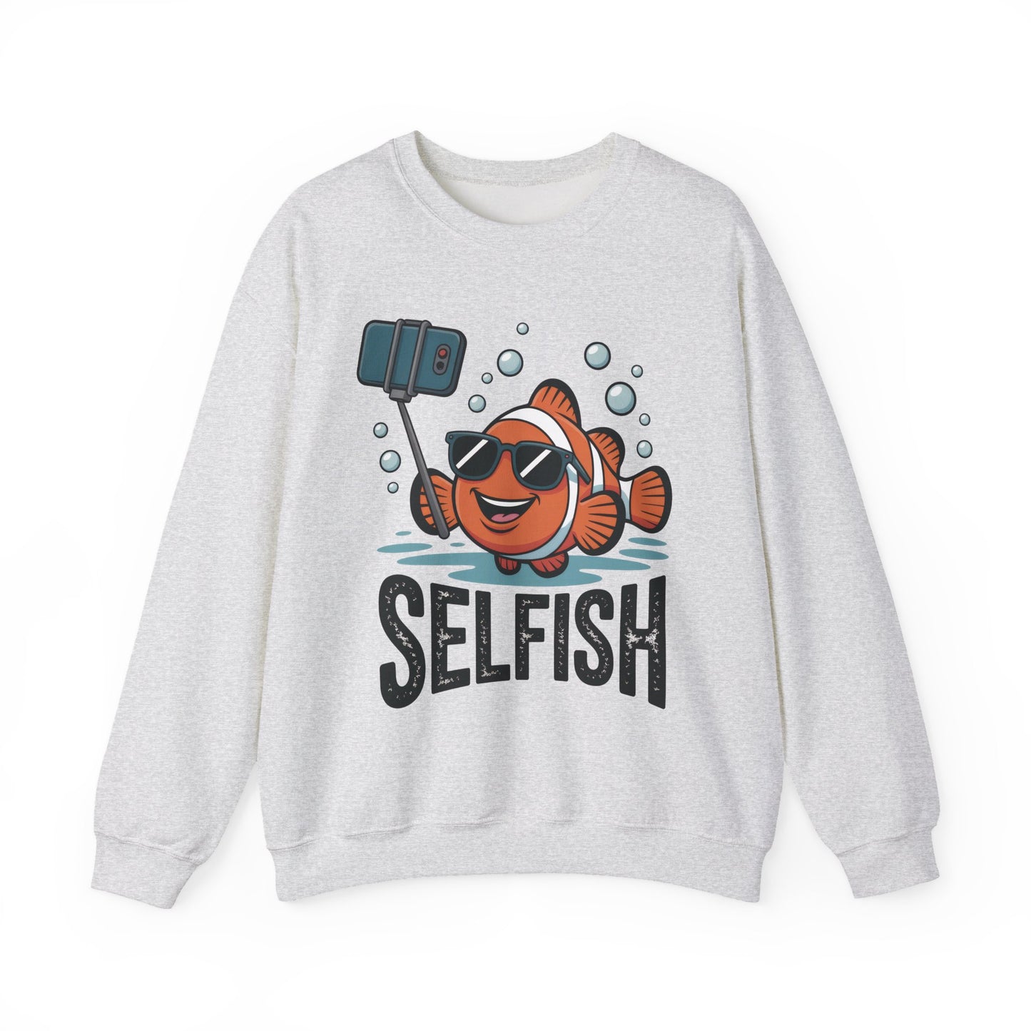 Unisex Heavy Blend™ Crewneck Sweatshirt, Mens Selfish Funny Fish Sweatshirt, Cute Selfie Pullover, Ocean Humor Top