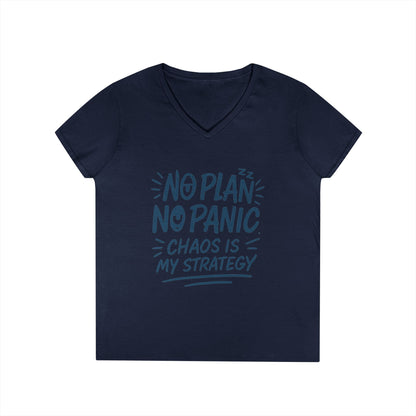 Ladies' V-Neck T-Shirt - "No Plan No Panic" Casual Tee, Everyday Wear, Gift for Friends, Relaxed Style, Funny Motivational Top