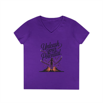Empowering Ladies' V-Neck T-Shirt | Unleash Your Potential | Gift for Motivation, Birthday, Inspirational Wear, Positive Energy Top