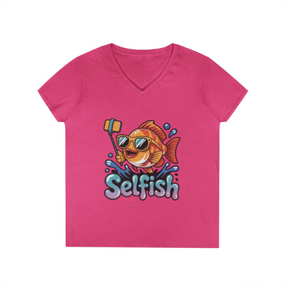 Ladies' V-Neck T-Shirt, Funny Selfie Fish Graphic Womens Tee, Playful Pun Gift for Her, Summer Vibes, Unique Beach Shirt, Outdoor Adventures
