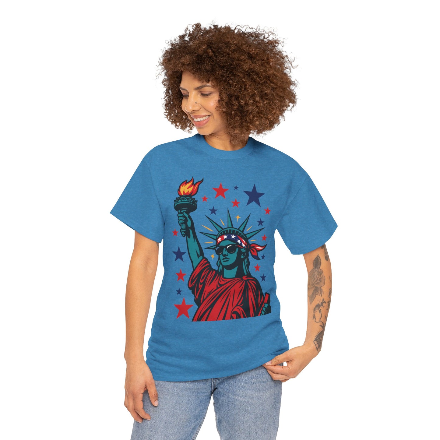 Lady Liberty Pop Art T-Shirt, Patriotic 4th of July Women’s Tee, Retro USA Bandana Statue Shirt