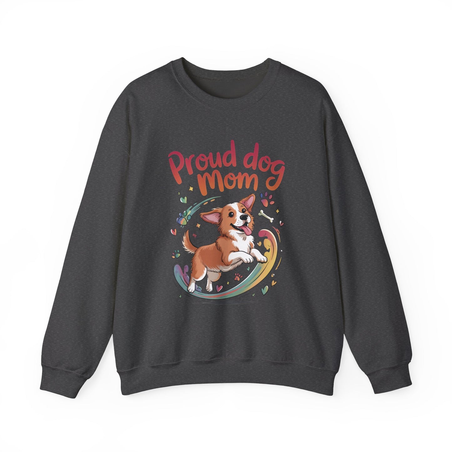 Proud Dog Mom Crewneck Sweatshirt, Pet Lover Gift, Dog Mom Apparel, Animal Lover Clothing, Gift for Dog Moms, Puppy Paw Rainbow Print