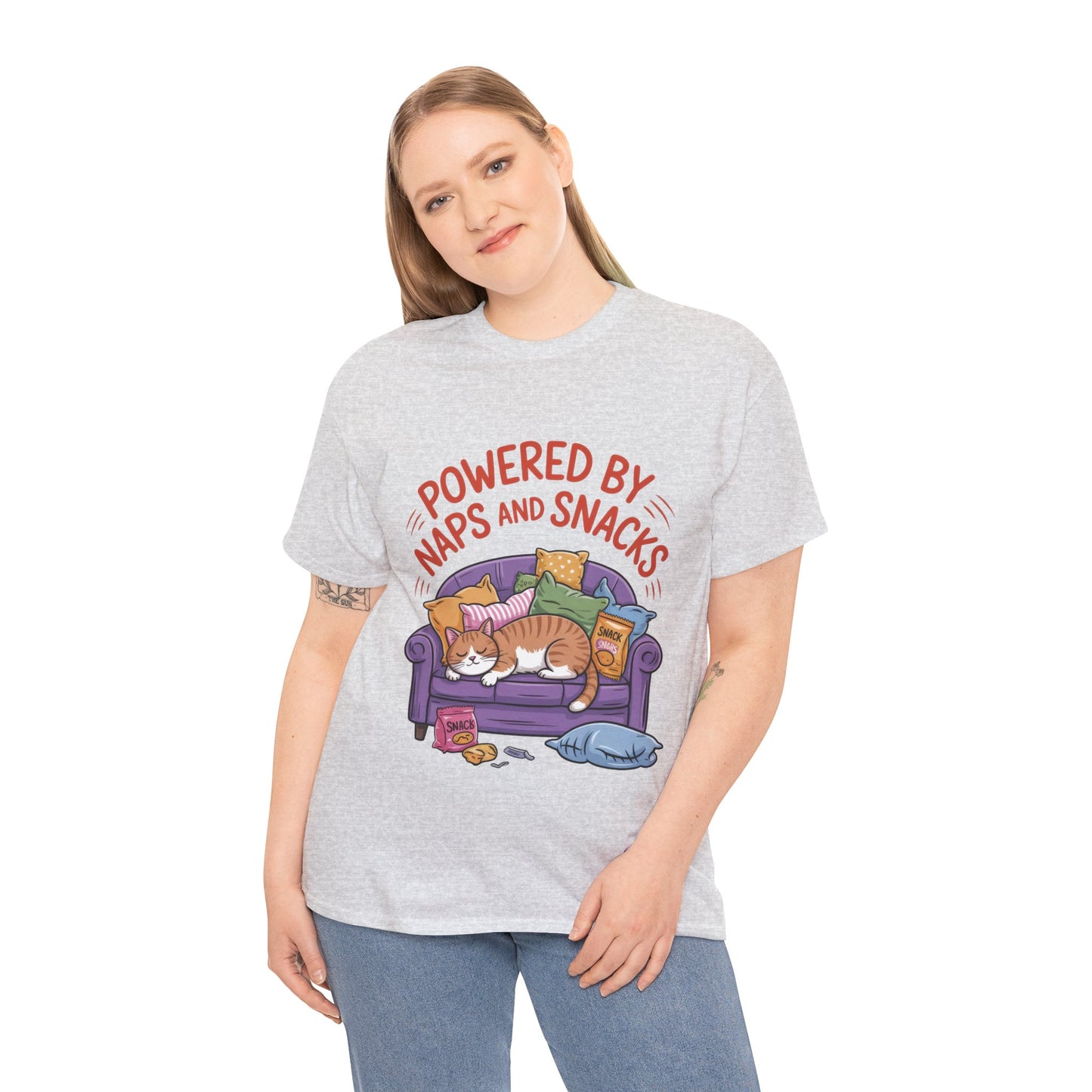 Powered by Naps and Snacks Cat T-Shirt, Funny Lazy Cat Lover Womens Tee, Cute Humor Shirt, Cozy Gift for Her, Cozy Cat Lover T-Shirt