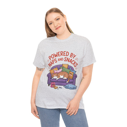 Powered by Naps and Snacks Cat T-Shirt, Funny Lazy Cat Lover Womens Tee, Cute Humor Shirt, Cozy Gift for Her, Cozy Cat Lover T-Shirt