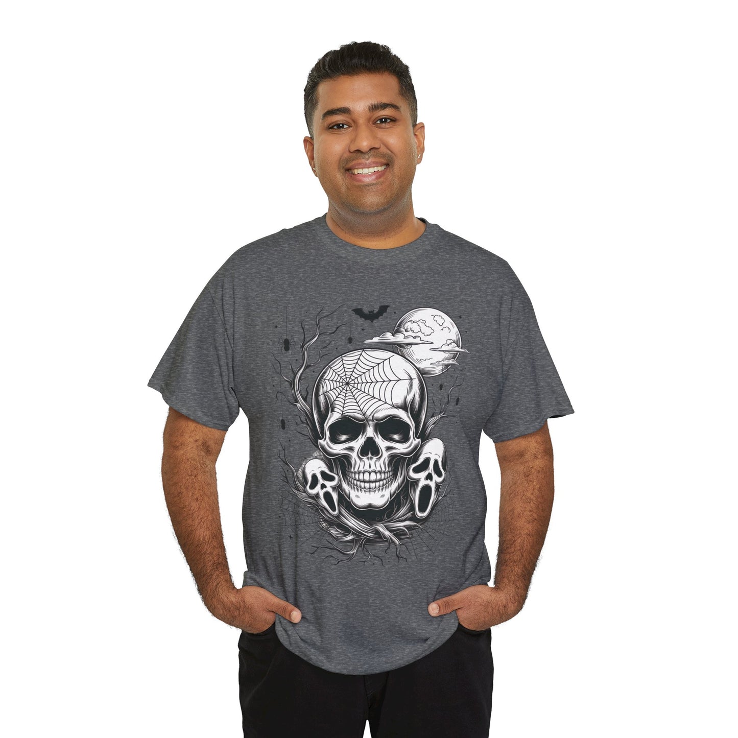 Men's Gothic Skull T-Shirt, Halloween Graphic Tee, Spider Web & Moon Horror Shirt, Spooky Skull Graphic Top for Him