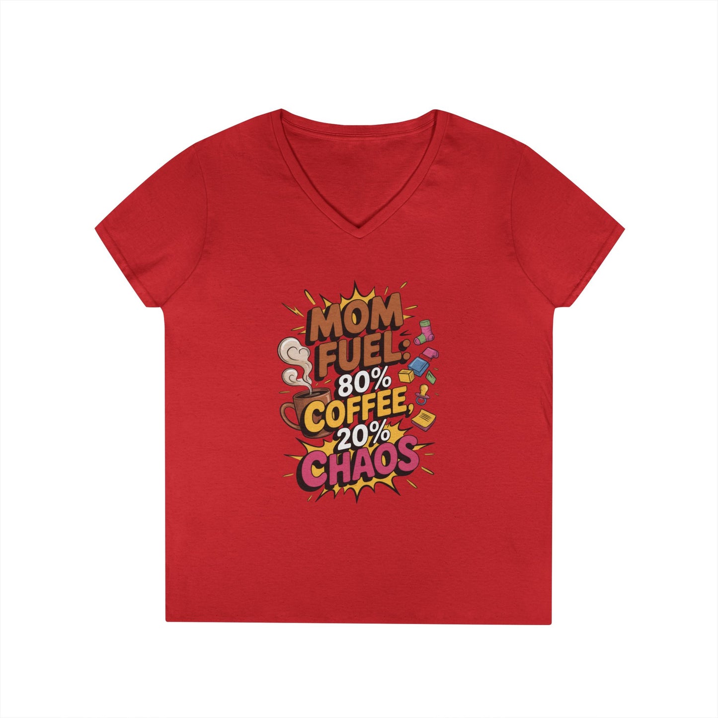 Mom Fuel V-Neck T-Shirt, Funny Gift for Moms, Coffee Lovers, Mother's Day, Everyday Humor, Tired Mom Life Tee, Coffee Loving Moms