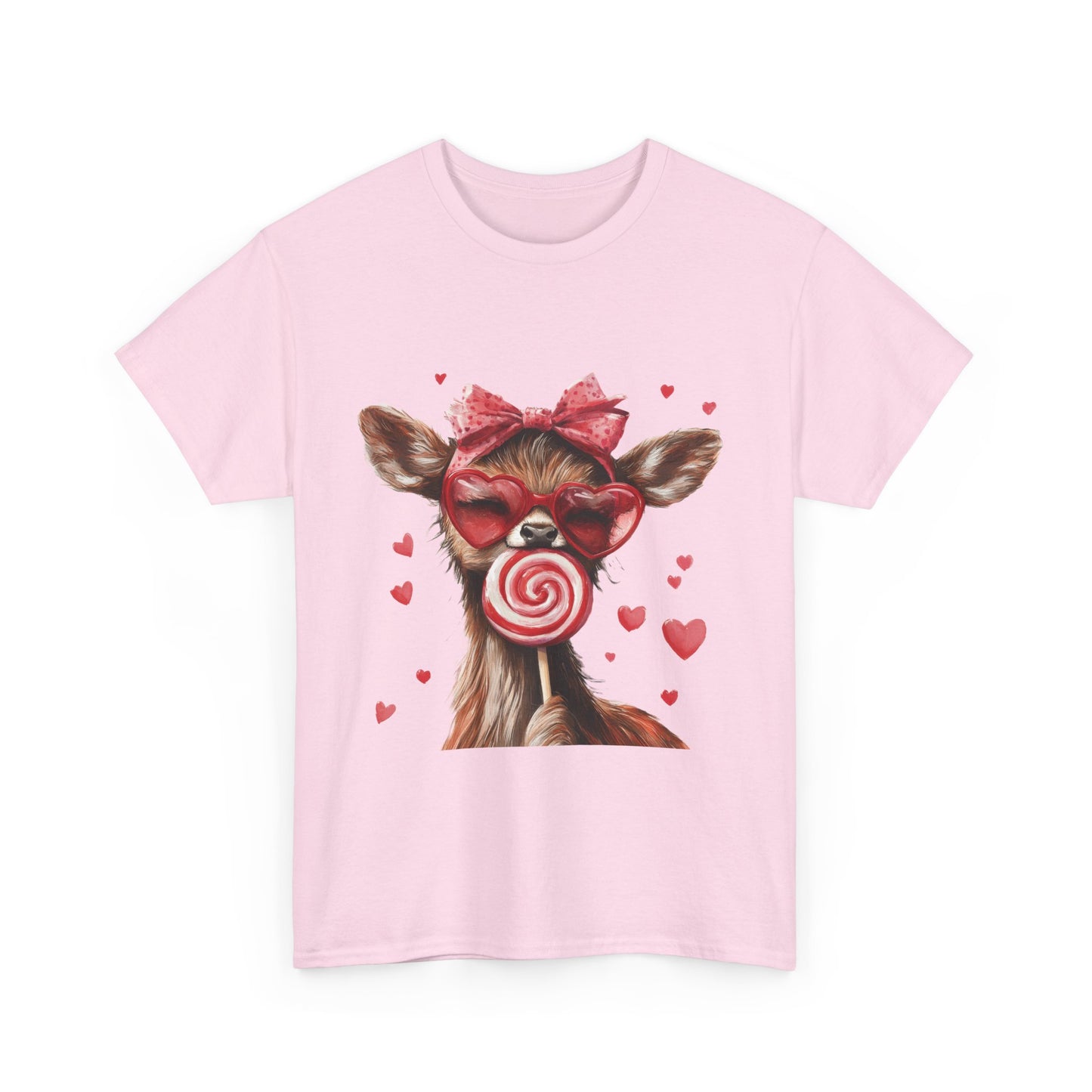 Cute Deer with Heart Glasses and Lollipop, Valentine's Day Heavy Cotton Tee, Fun Animal Love Shirt Gift for Her, Animal Lovers Shirt