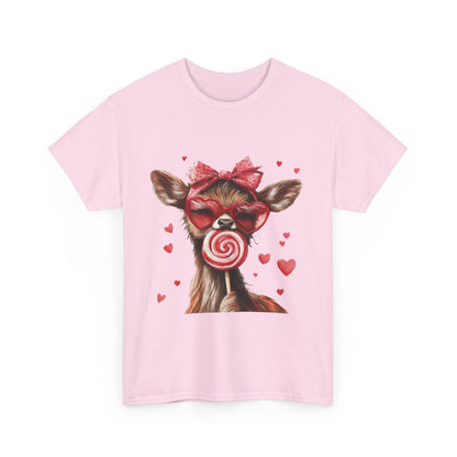 Cute Deer with Heart Glasses and Lollipop, Valentine's Day Heavy Cotton Tee, Fun Animal Love Shirt Gift for Her, Animal Lovers Shirt