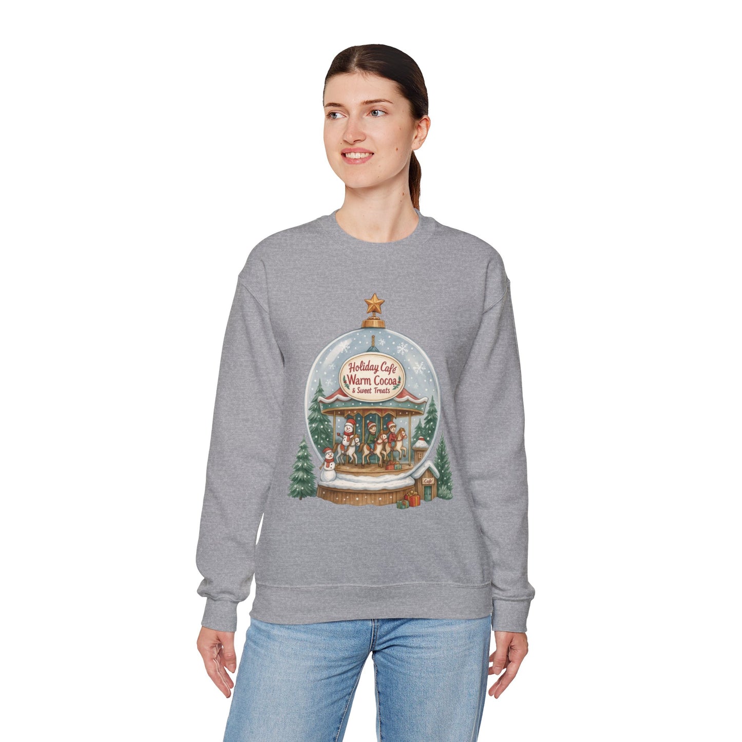 Holiday Café Christmas Sweatshirt, Warm Cocoa Snow Globe Pullover