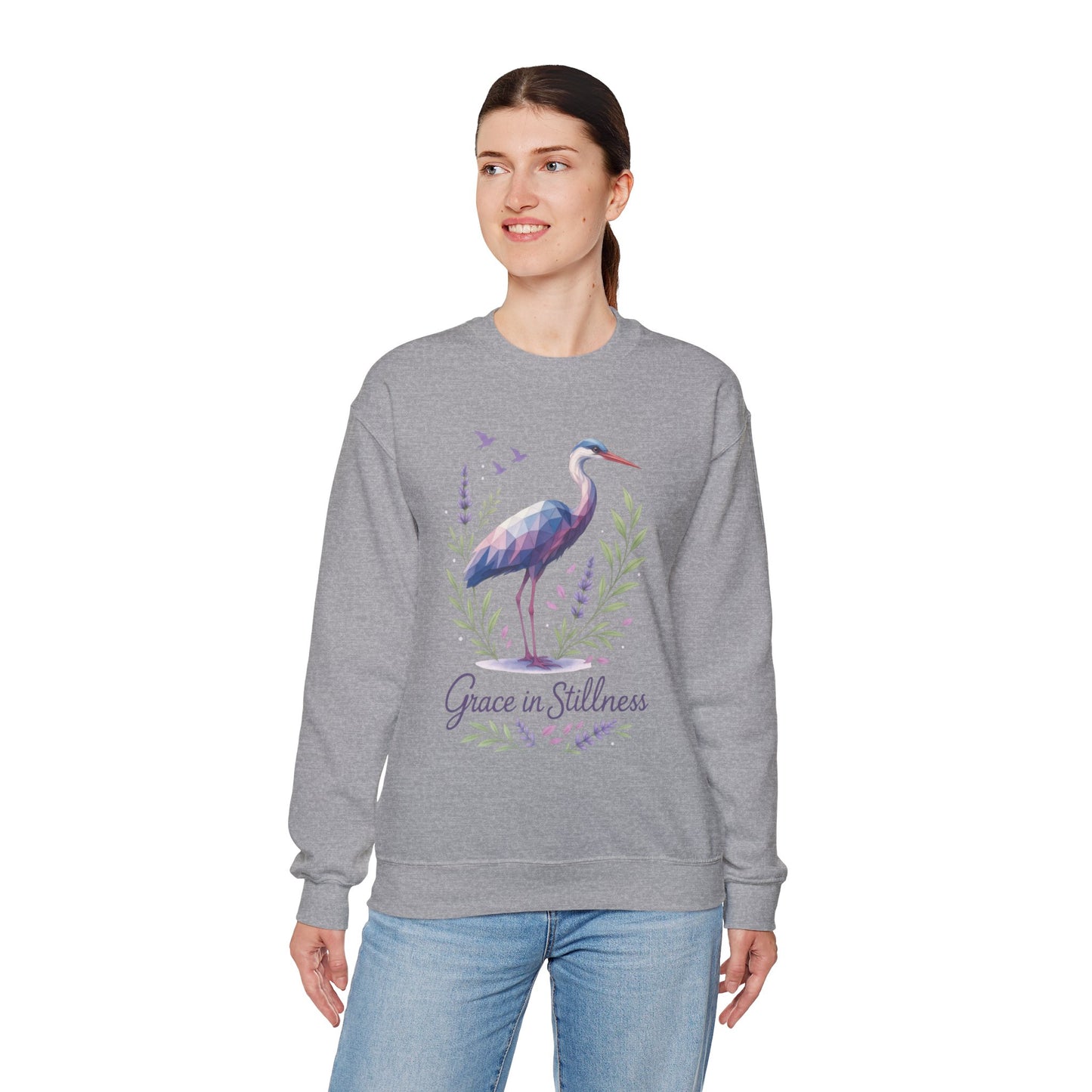 Polygonal Heron Graphic Sweatshirt, Women's Artistic Bird Crewneck, Nature-Inspired Minimalist Design, Geometric Crane, Bird Lovers Gift