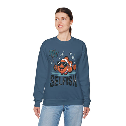 Unisex Heavy Blend™ Crewneck Sweatshirt, Mens Selfish Funny Fish Sweatshirt, Cute Selfie Pullover, Ocean Humor Top