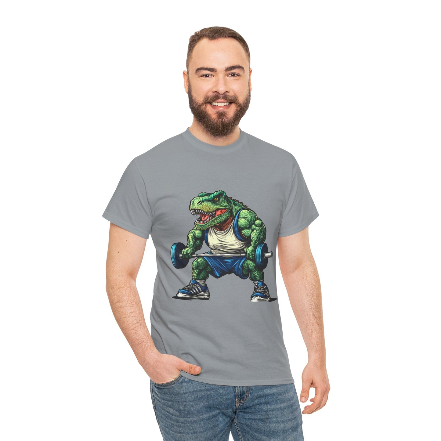 Dino Gym Tee, Muscle T-Rex Gym T-Shirt, Funny Men's Heavy Cotton T-Shirt,Fitness Gift for Gym Lovers, Cute Dinosaur Tee