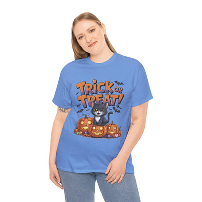 Cute Black Cat Trick or Treat Halloween T-Shirt for Women, Funny Pumpkin Cat Tee, Spooky Fall Shirt, Matching Family Halloween Shirts