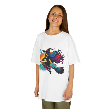 Girls Witch T-Shirt, Colorful Halloween Witch Graphic Tee for Kids, Fun Spooky Broomstick Shirt, Gift for Girls