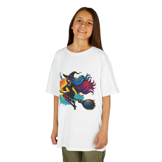Girls Witch T-Shirt, Colorful Halloween Witch Graphic Tee for Kids, Fun Spooky Broomstick Shirt, Gift for Girls