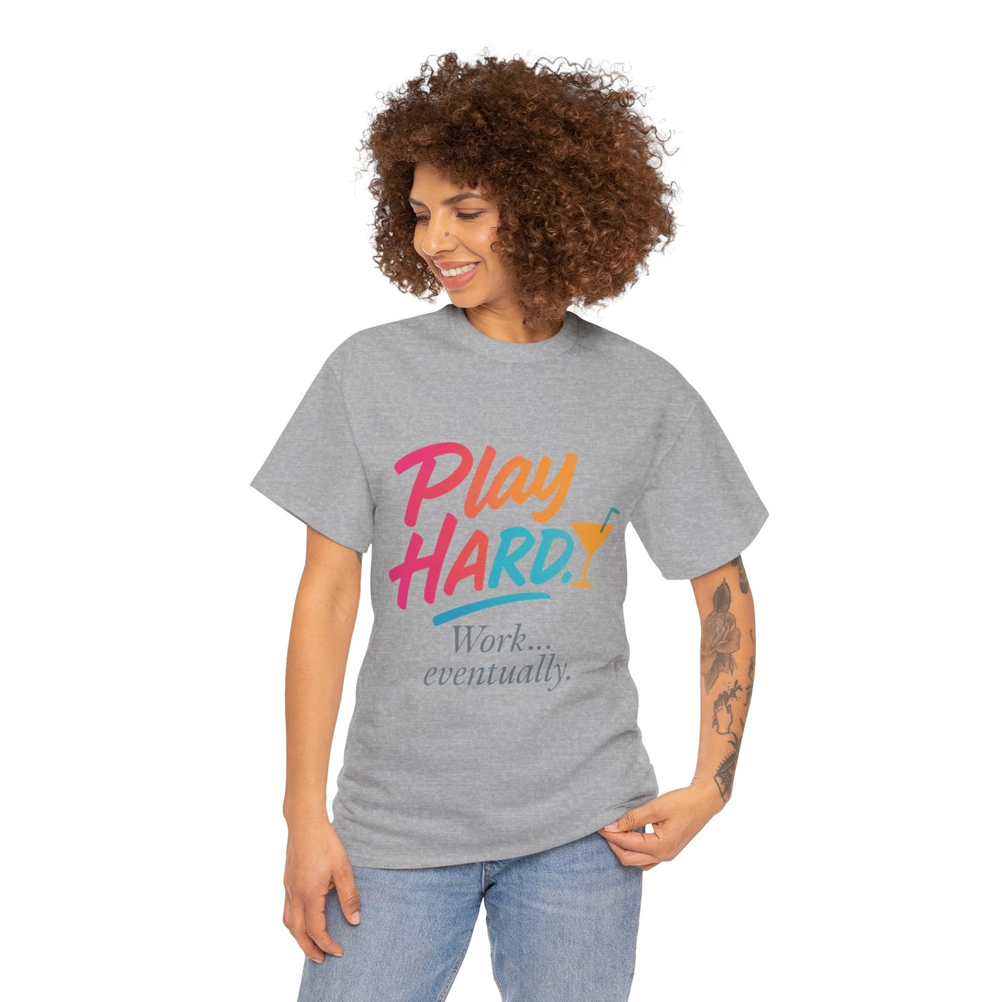 Play Hard Work Eventually T-Shirt, Funny Cocktail Graphic Tee, Pink Womens Party Shirt, Relaxed Vacation Top