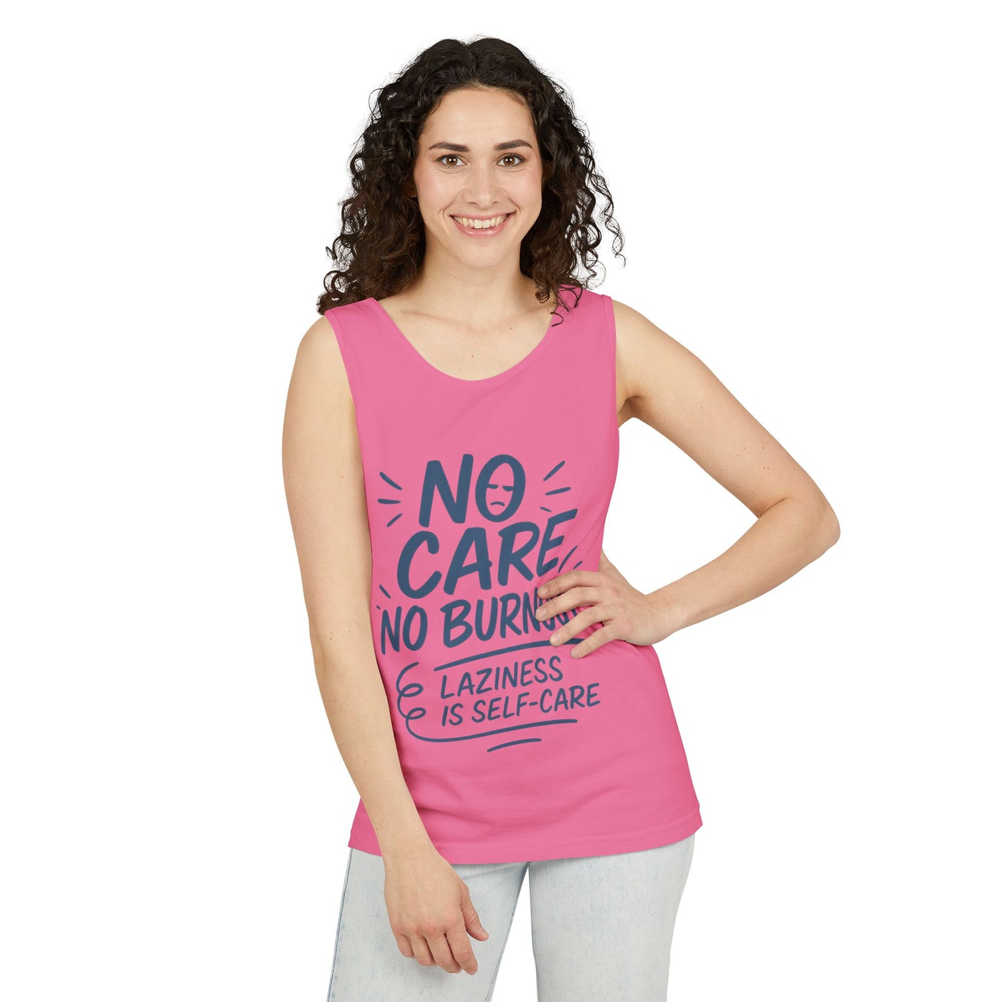 No Care No Burnout Womens Tank Top, Funny Self-Care Quote, Lazy Life Gym Workout Shirt, Casual Sleeveless Top, Relaxed Summer Apparel