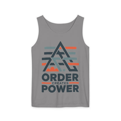 Mens Garment-Dyed Tank Top, Mens Tank Top Order Creates Power, Minimal Geometric Motivational Graphic Summer Shirt