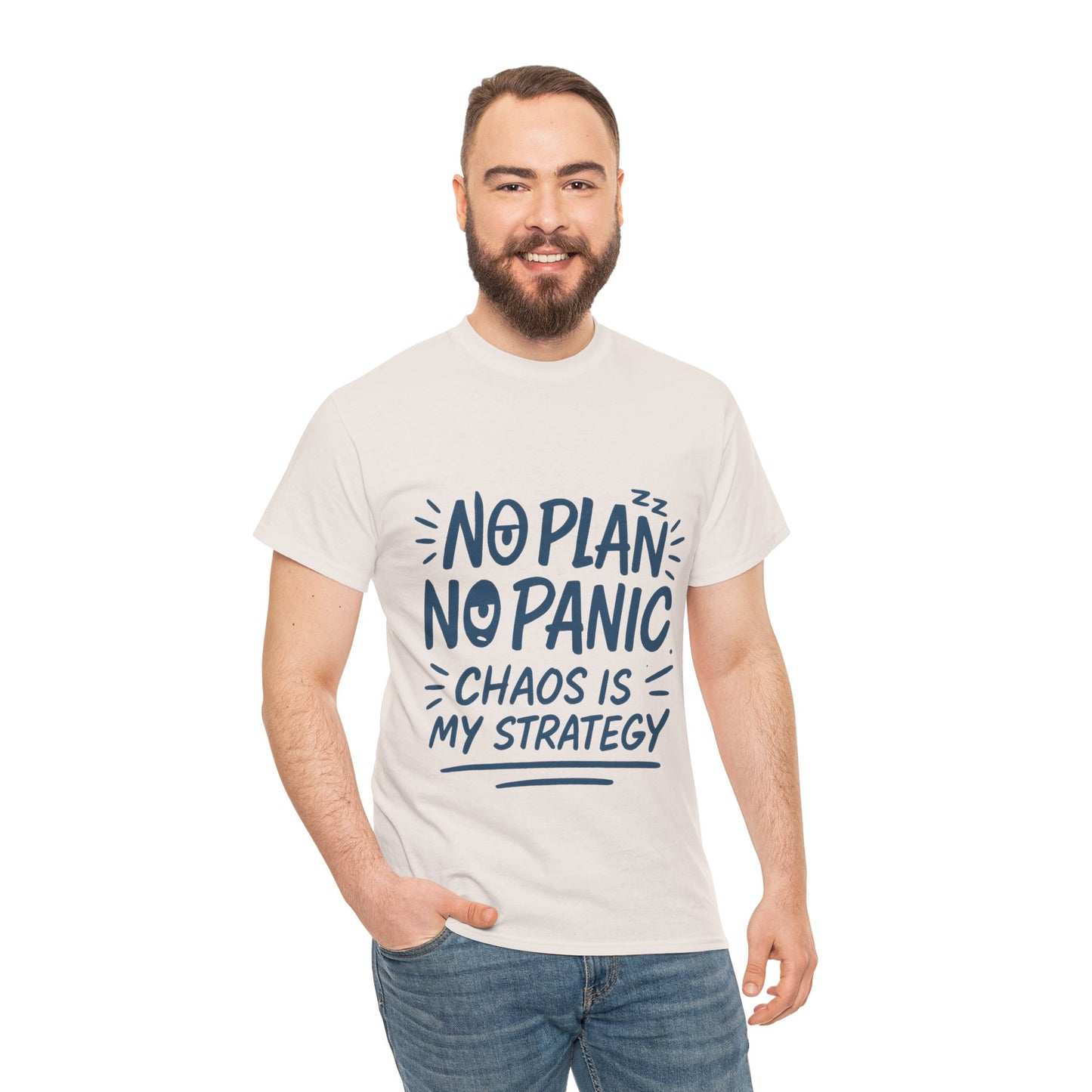 Funny Chaos Quote Mens T-Shirt, No Plan No Panic Humor Shirt, Casual Graphic Tee Gift for Him, Relaxed Fit