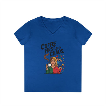 Coffee First Then Chaos V-Neck T-Shirt, Funny Mom Life Shirt, Mother's Day Gift, Mom Humor Tee, mom graphic tee, caffeine lover tee
