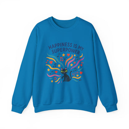 Playful Cat Crewneck Womens Sweatshirt, Happiness is My Superpower, Cozy Sweatshirt, Gift for Cat Lovers, Fun Casual Style, Unique Animal Design