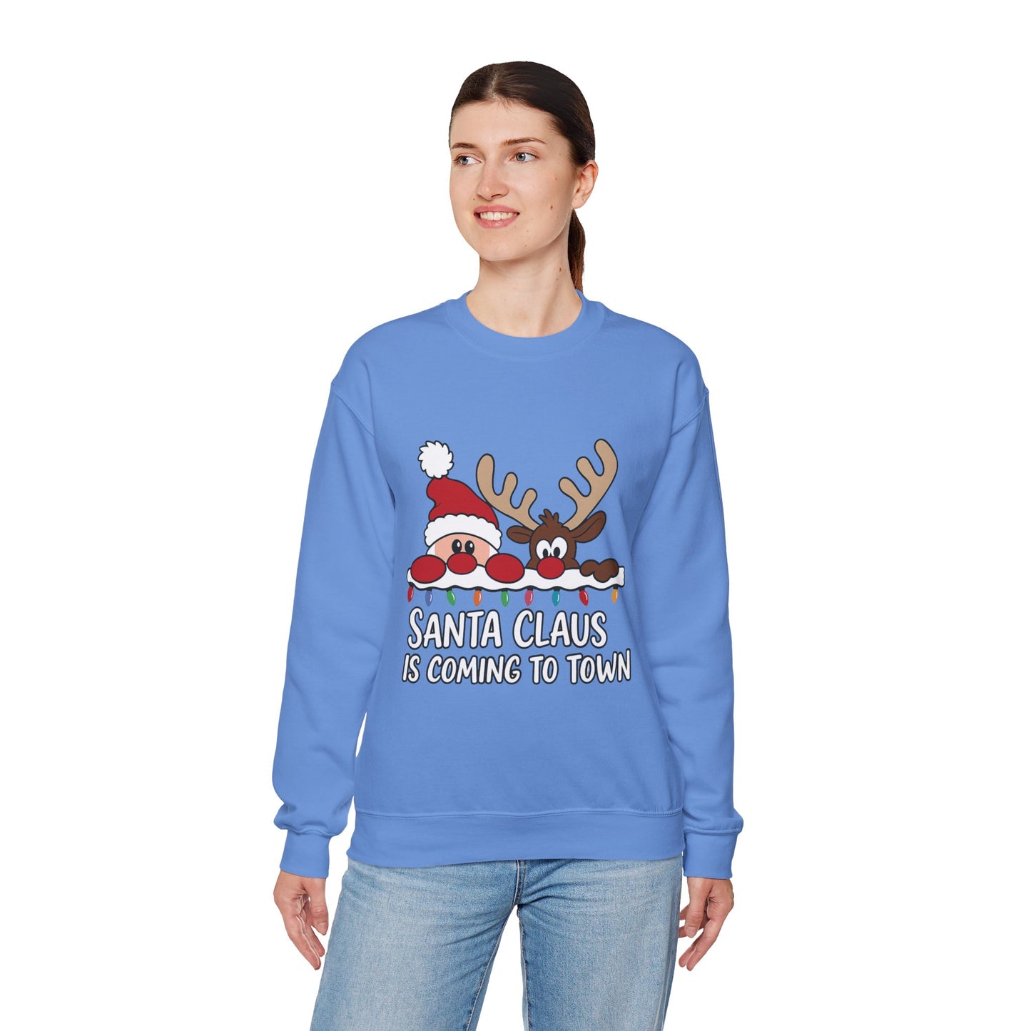 Santa Claus Is Coming to Town Women's Christmas Sweatshirt, Cute Santa - Reindeer Holiday Jumper