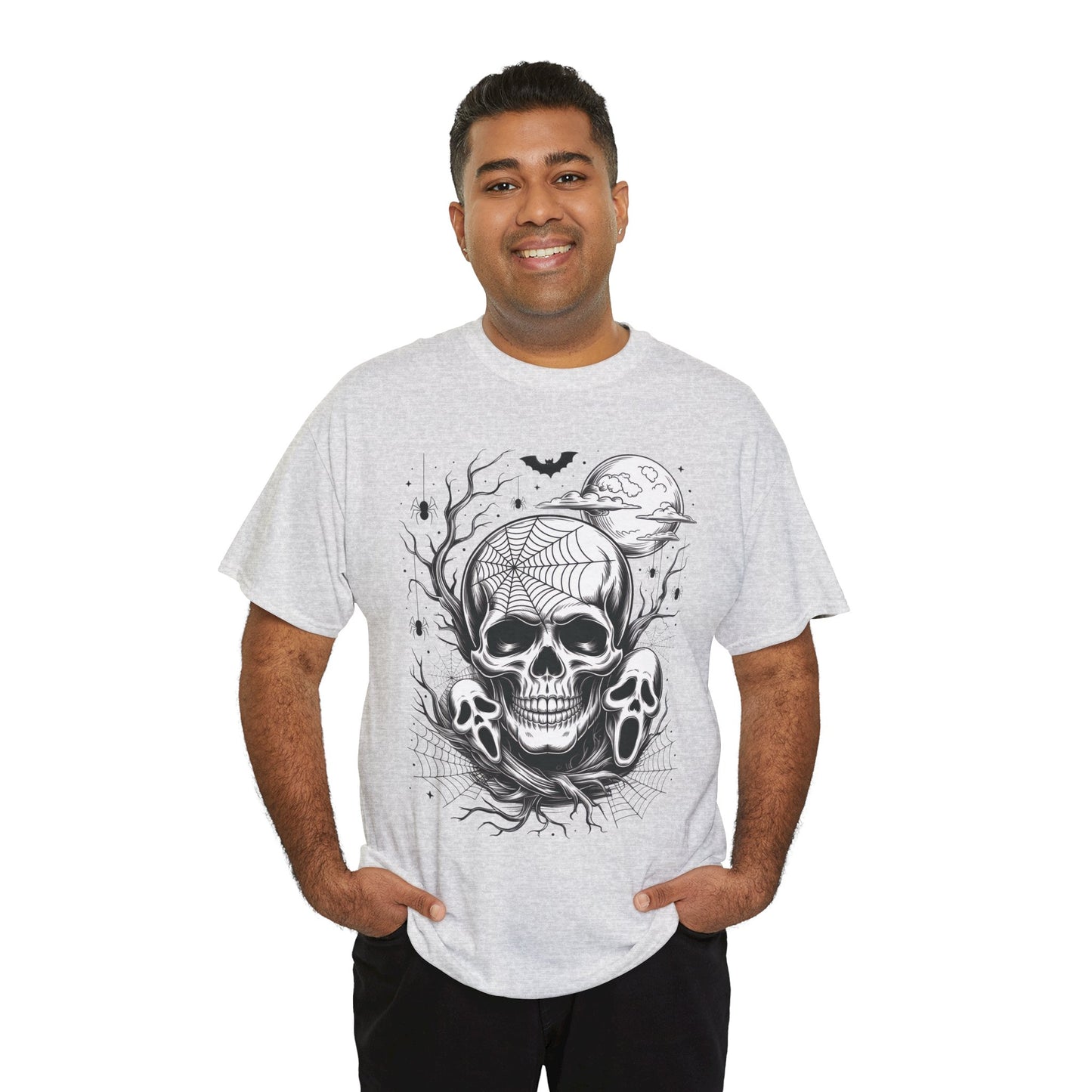 Men's Gothic Skull T-Shirt, Halloween Graphic Tee, Spider Web & Moon Horror Shirt, Spooky Skull Graphic Top for Him