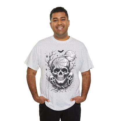Men's Gothic Skull T-Shirt, Halloween Graphic Tee, Spider Web & Moon Horror Shirt, Spooky Skull Graphic Top for Him