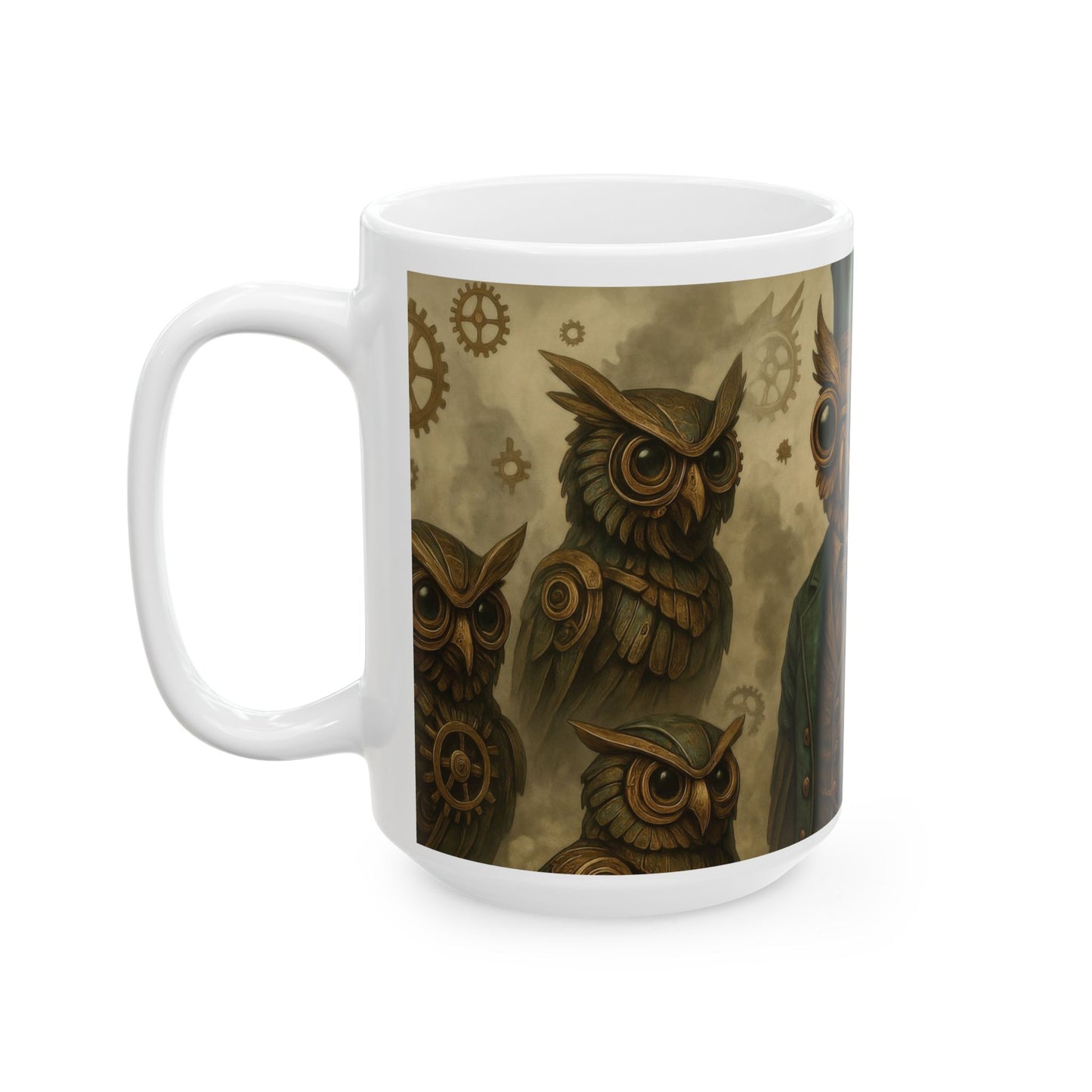 Steampunk Owl Mug, Victorian Mechanical Owl Coffee Cup, Brass Gear Owl Art, Industrial Fantasy Gift for Men & Steampunk Lovers, Mug, (15oz)