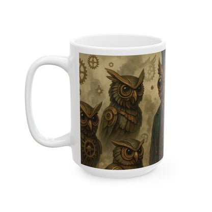 Steampunk Owl Mug, Victorian Mechanical Owl Coffee Cup, Brass Gear Owl Art, Industrial Fantasy Gift for Men & Steampunk Lovers, Mug, (15oz)