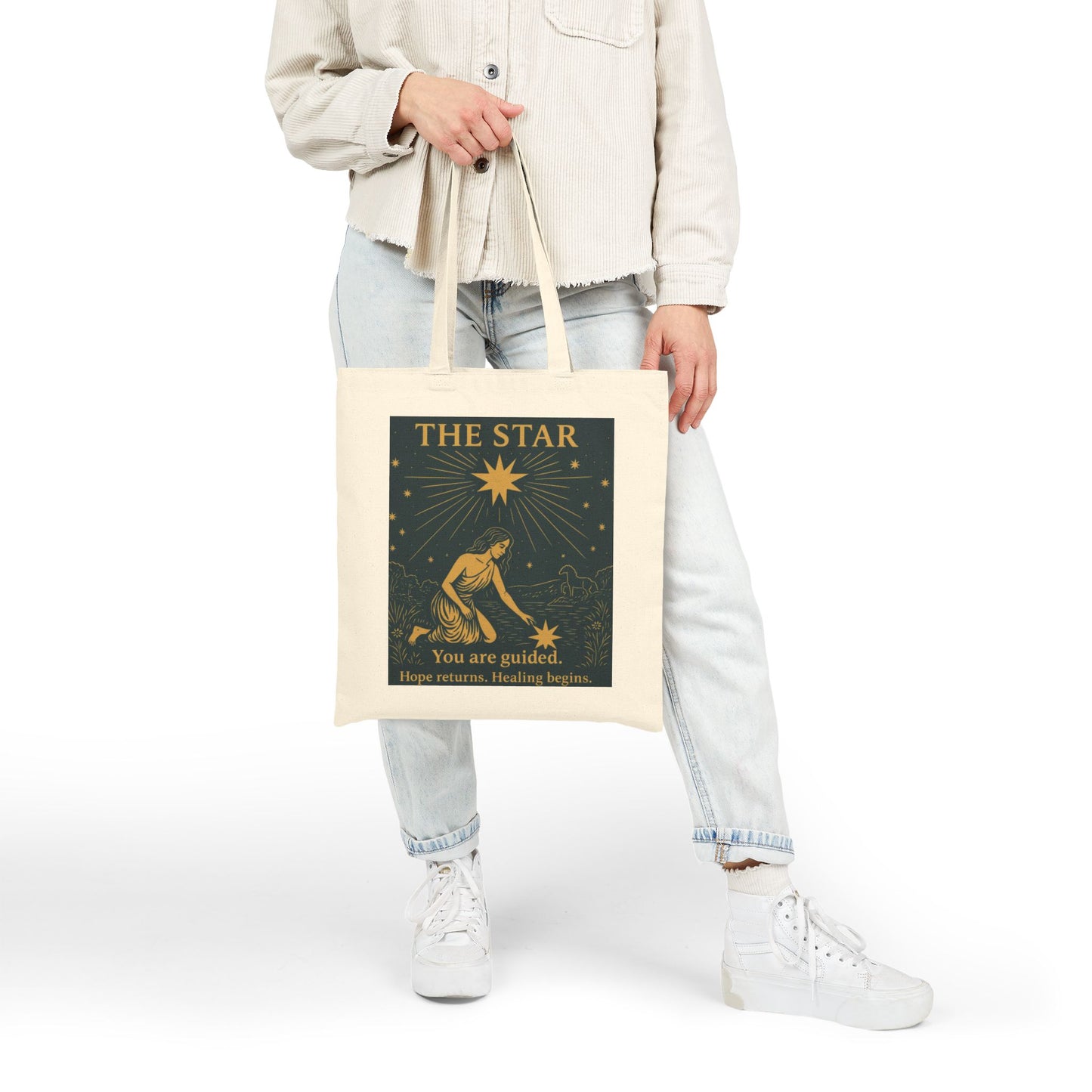 The Star Tarot Cotton Tote Bag, Hope & Healing Spiritual Gift, Mystical Moon Star Canvas, Tarot Bag, Astrological Gift, Spiritual Canvas Bag