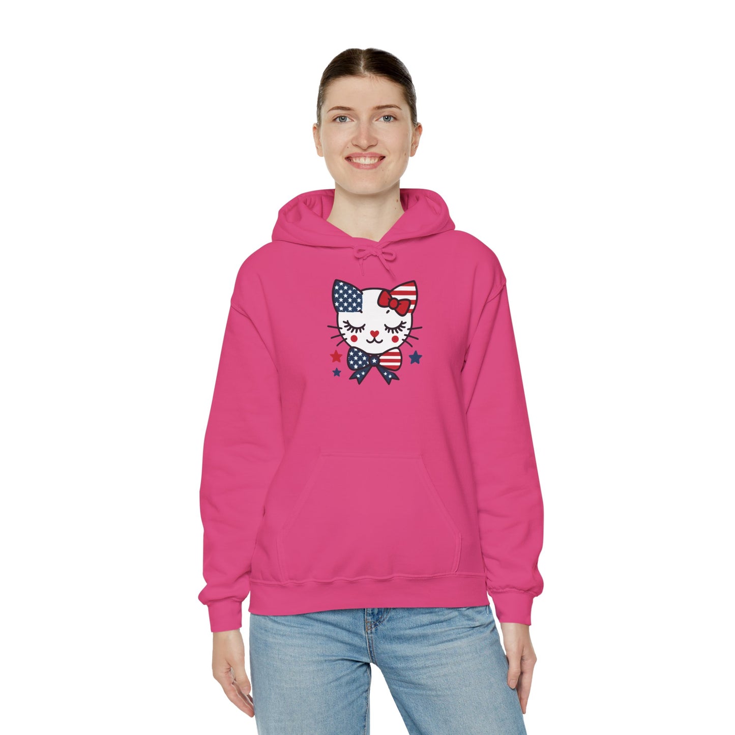 Cute Cat Patriot Women's Hoodie, Women's Heavy Blend Sweatshirt, Gift for Cat Lovers, 4th of July Apparel, Perfect for Independence Day