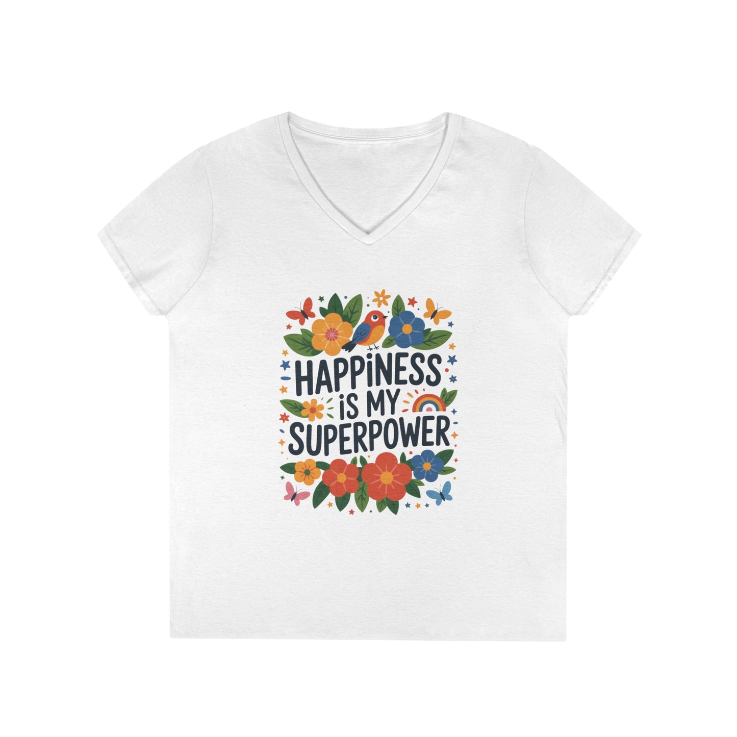 Happiness is My Superpower V-Neck T-Shirt, Floral Motivational Tee, Gift for Her, Positive Quote Shirt, Joyful Statement Tee