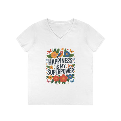 Happiness is My Superpower V-Neck T-Shirt, Floral Motivational Tee, Gift for Her, Positive Quote Shirt, Joyful Statement Tee